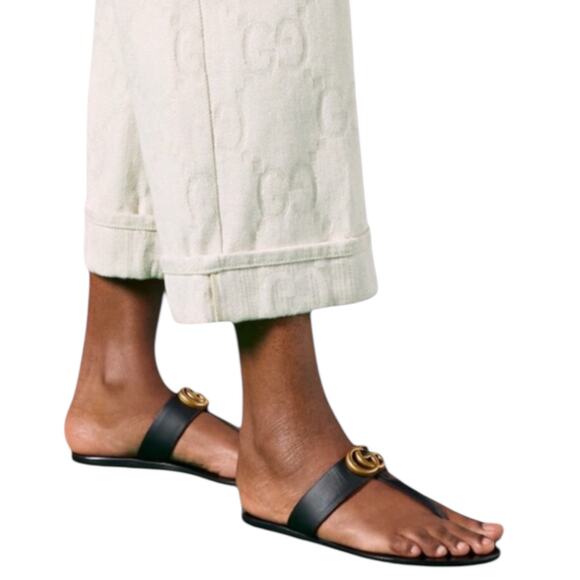 Gucci Black Leather Thong Sandals Gold Double G Logo Size 37 - Picture 2 of 13